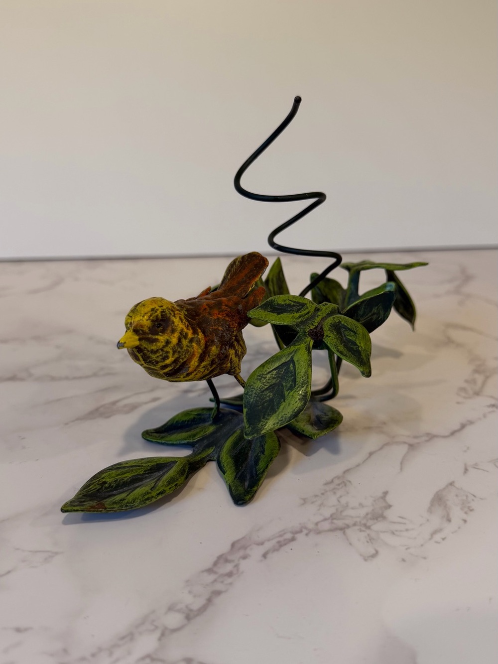 Vintage Tole Hand Painted Metal Bird with Leaves – Cottagecore Garden Decor